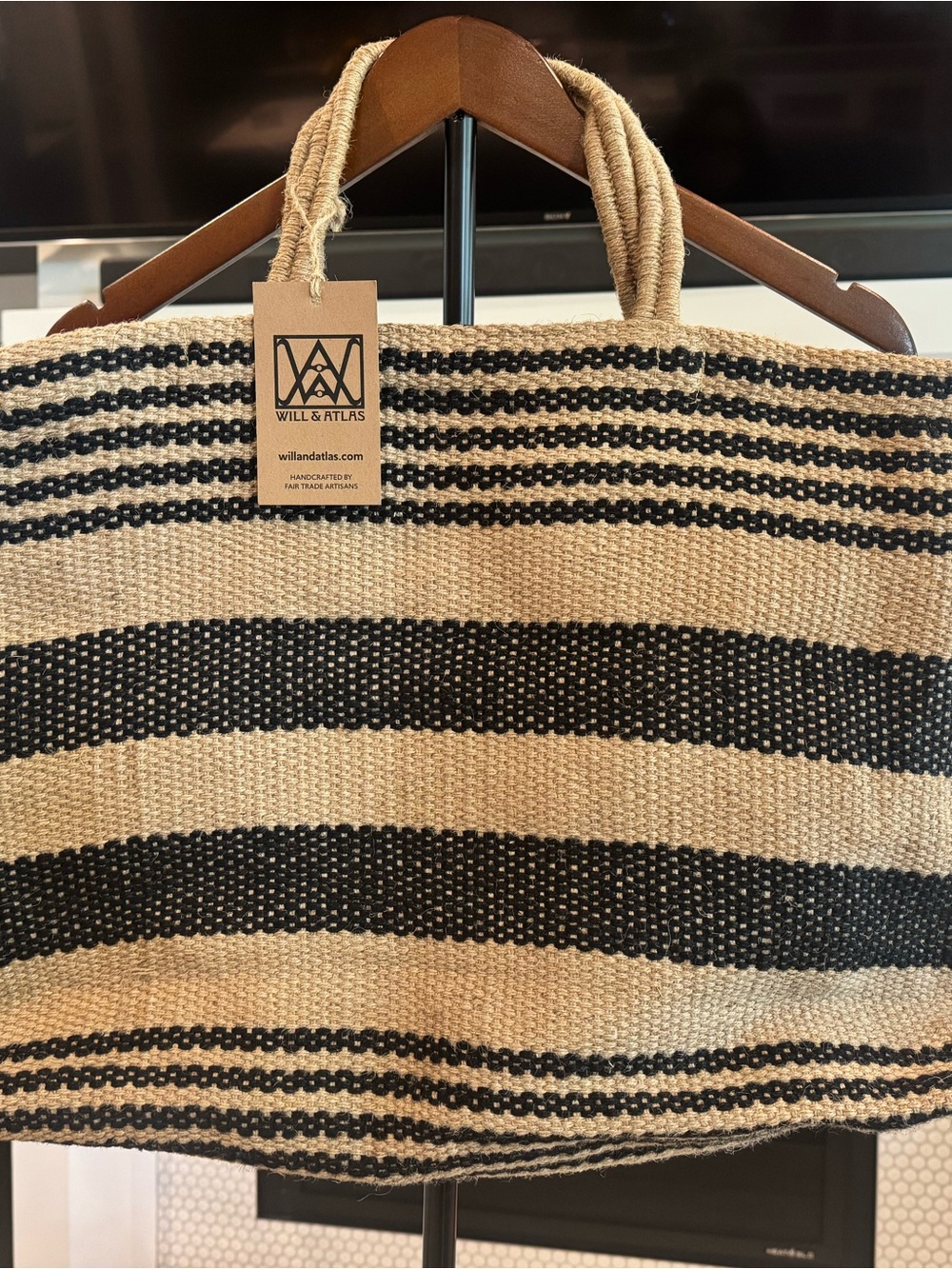 NWT Will & Atlas Paloma Jute Market Tote Bag - Black/Natural Stripe